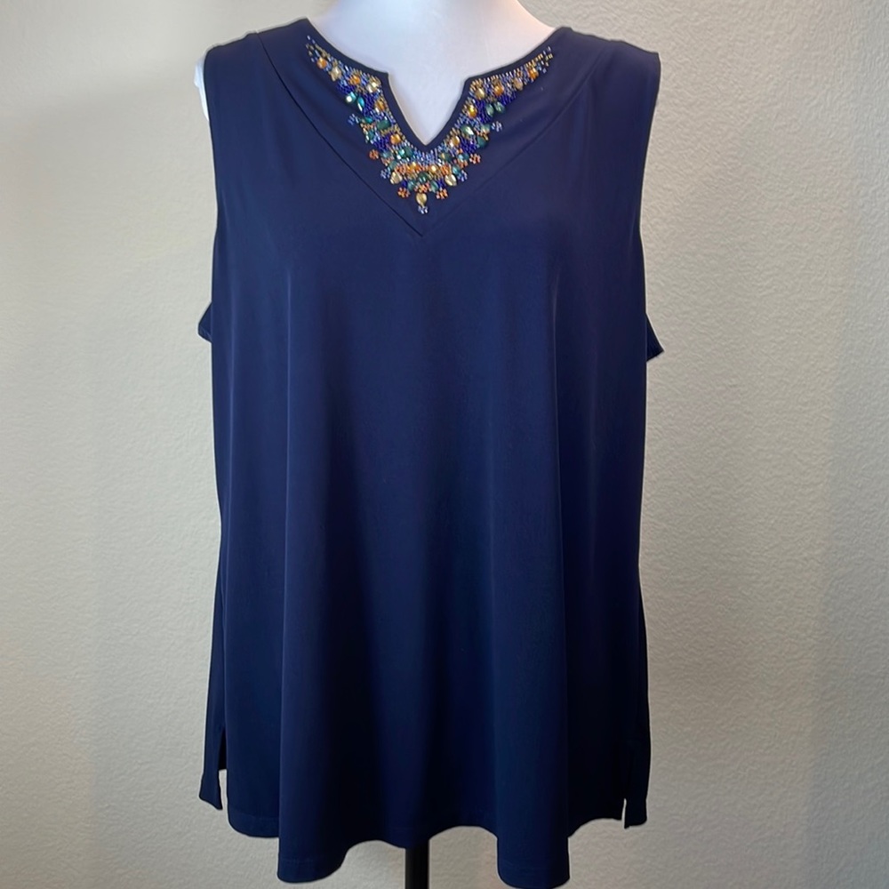 🌸Susan Graver Top Size 1X Navy Beaded Rhinestone Liquid Knit Travel EUC